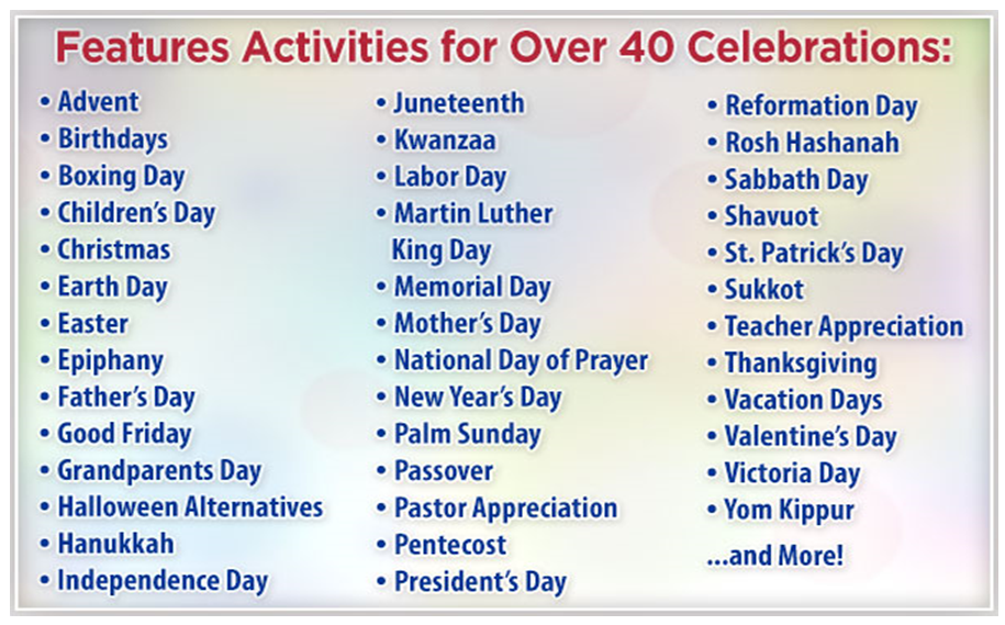 Features Activities for Over 40 Celebrations: Advent, Birthdays, Boxing Day, Children's Day, etc.